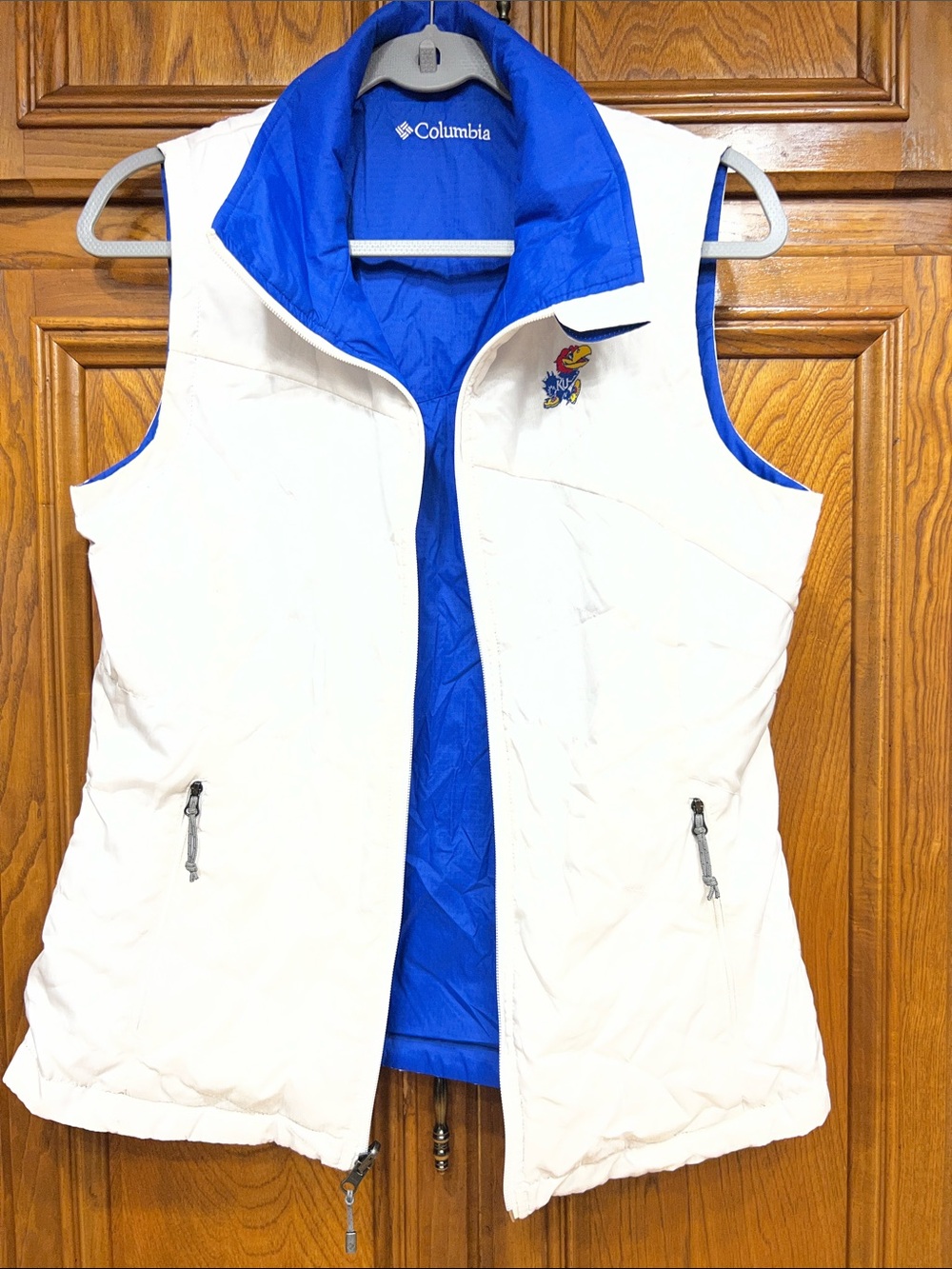 Columbia Women's White Vest with Blue Lining and KU Jayhawk Patch